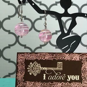 925 Sterling Silver Pink Glass Marble Earrings